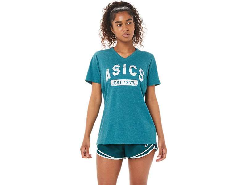 Asics κοντο Sleeve Est 1977 V-neck Tee Velvet Pine Heather | 8sx2im4vi